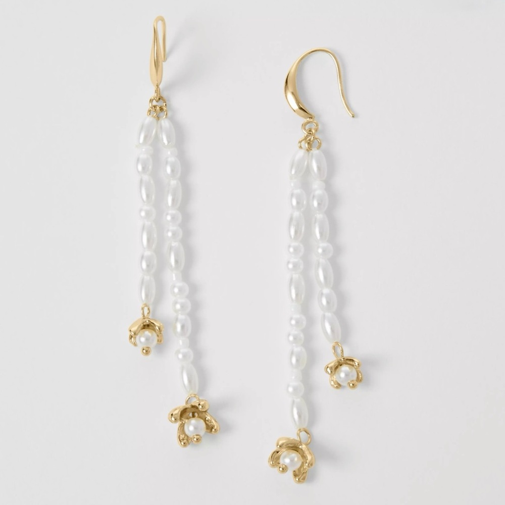 NWT, Ann Taylor Pearl Double Tassel Drop Earrings with Gold Flowers